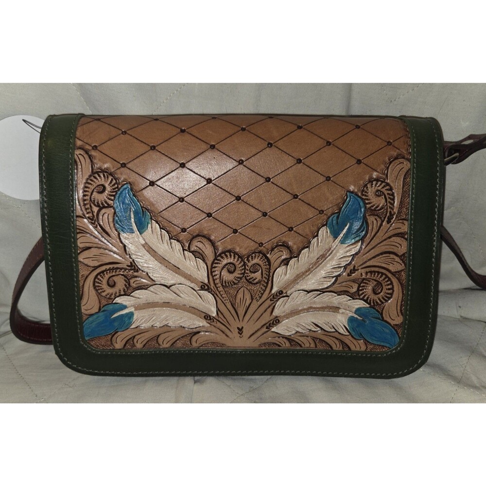 SVK-04 Handbag Tooled Leather Western Feather Purse Brown and Tan